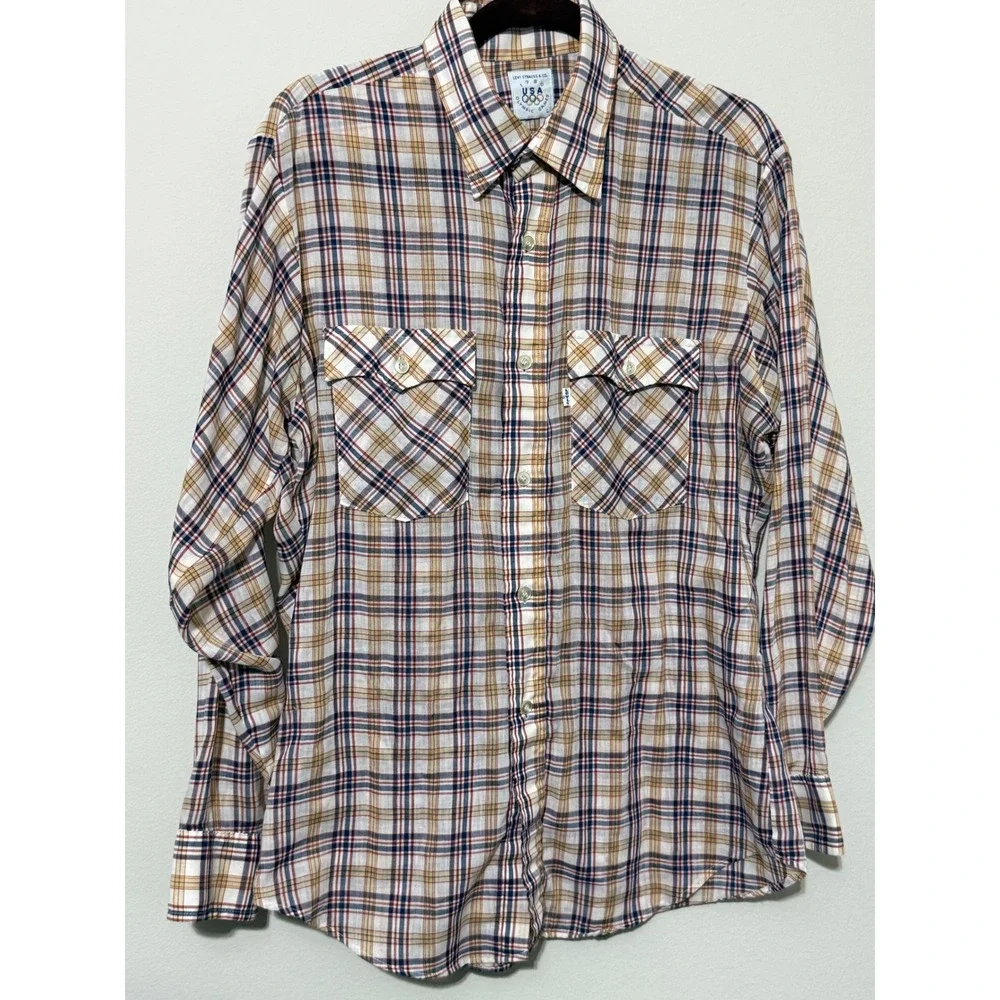 Vtg Levis shirt 1980 USA‎ Olympic Games Plaid Button Down L white tab worn in*